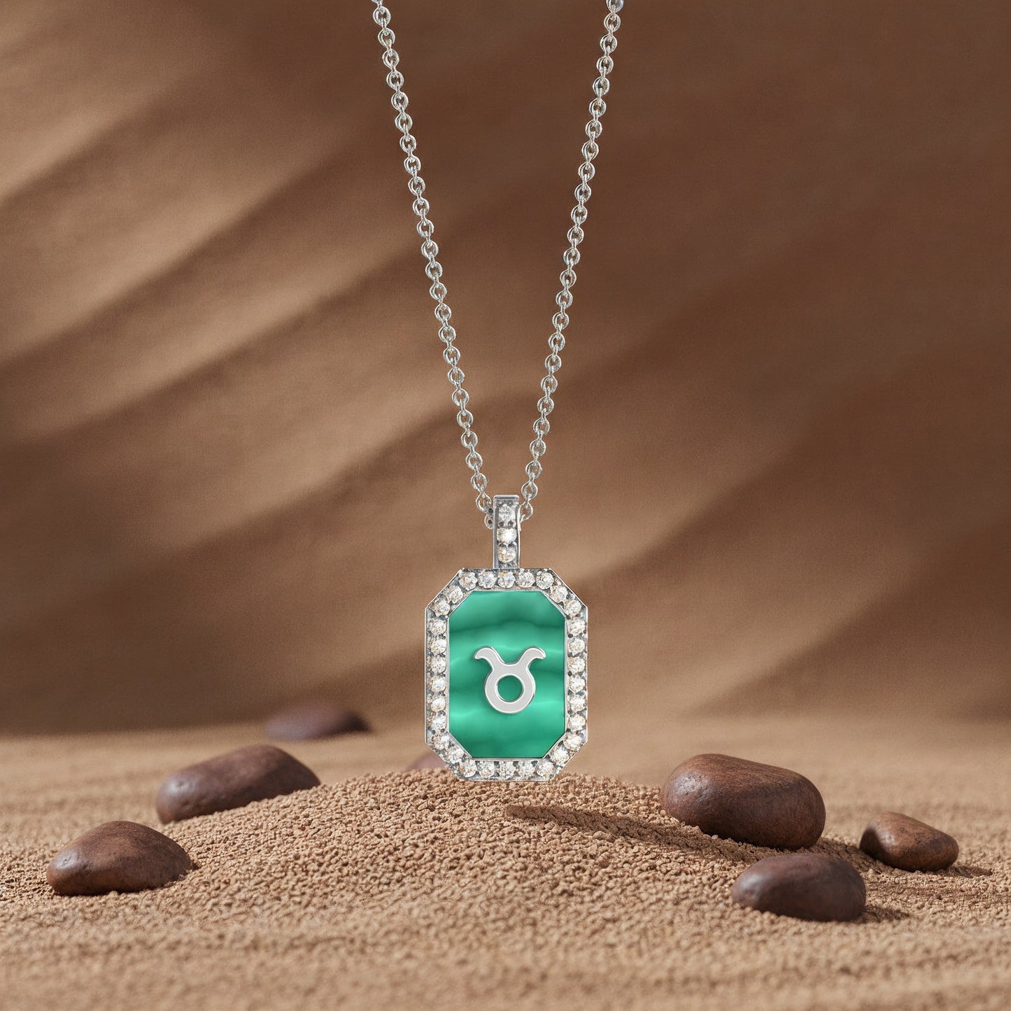 Rhodium Plated Silver Malachite Zodiac & Initial Necklace – Octagon AW24N004R