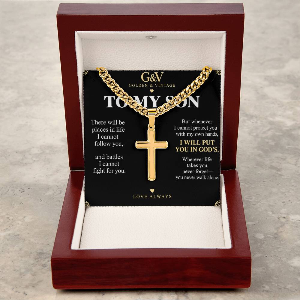 To My Son Cross Necklace with Cuban Link Chain – Personalized Gift from Mom or Dad