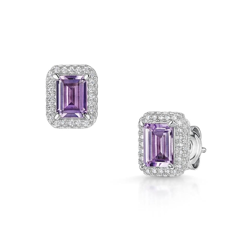 Emerald Cut Pink Amethyst Halo Earrings