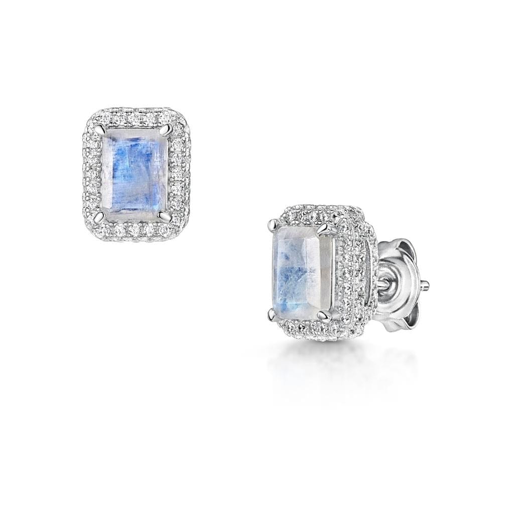 Emerald Cut Rainbow Moonstone Halo Earrings