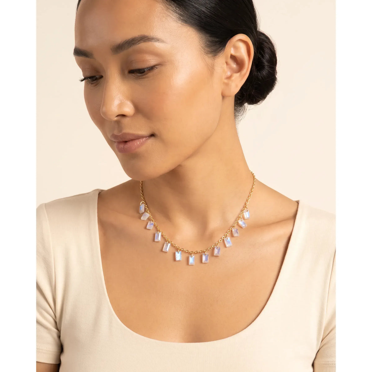 Baguette Charms Rainbow Moonstone Necklace