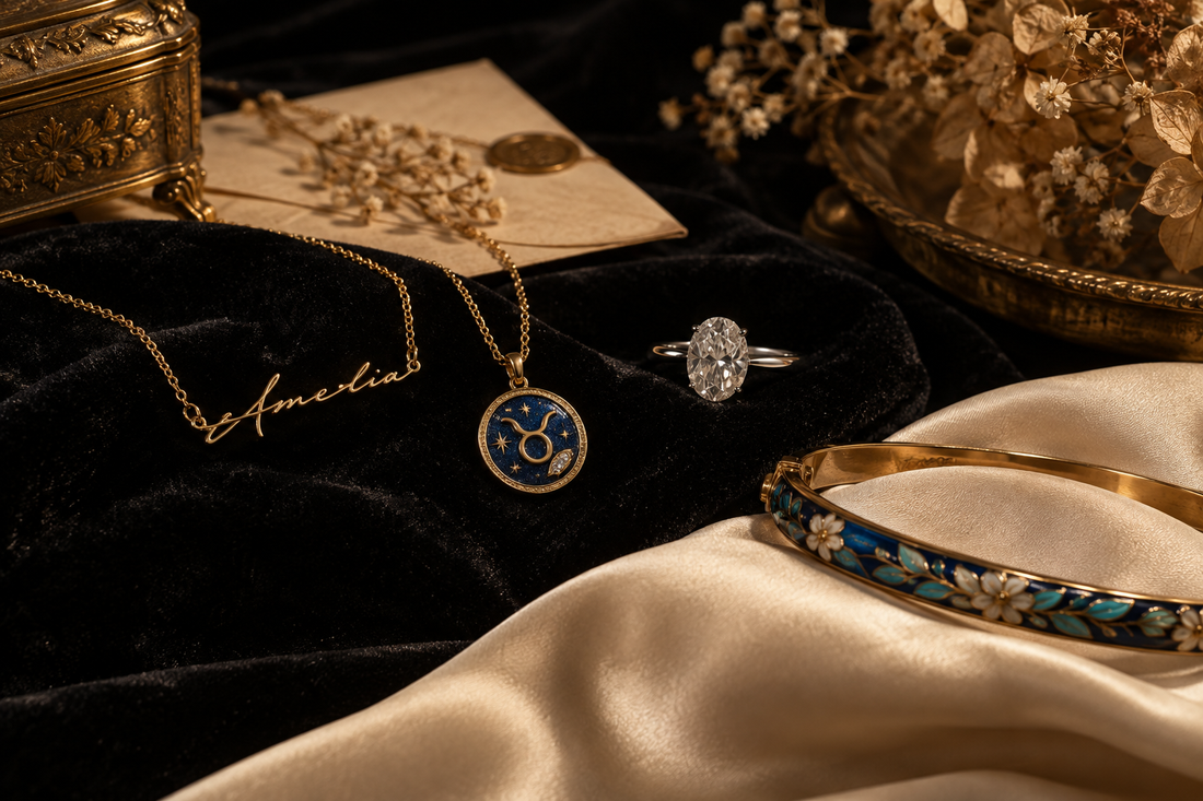 Personalized name necklace, zodiac pendant, oval diamond ring and enamel bracelet arranged as meaningful 2026 jewelry trends