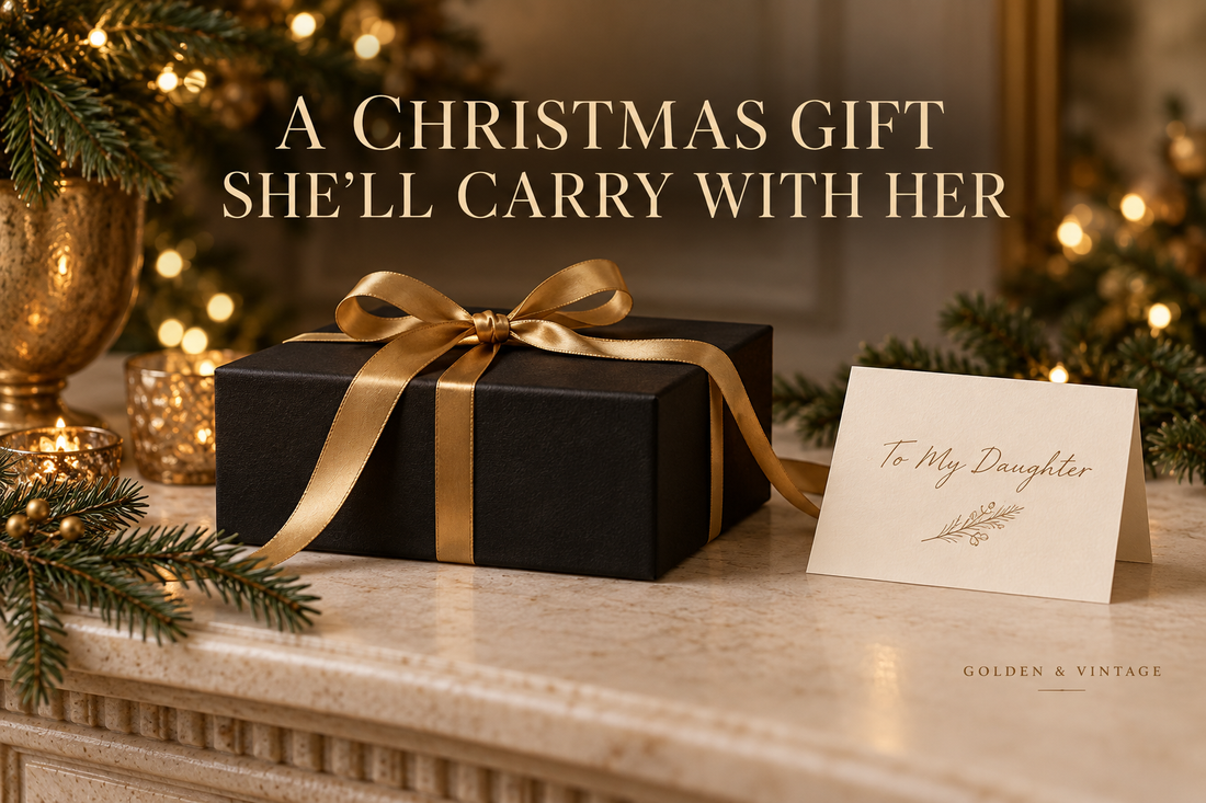 Black and gold Christmas gift box beside a card for a daughter, with evergreen branches and warm holiday lights