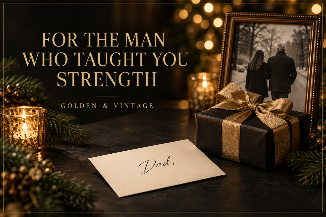 Black Christmas gift box with gold ribbon, a card for Dad and a framed father-daughter photograph