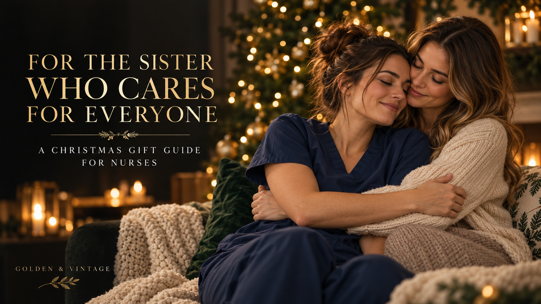 Two sisters embracing beside a Christmas tree after one returns from a nursing shift, with Golden & Vintage gift-guide typography