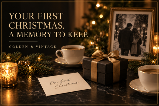 Black Christmas gift box with gold ribbon, two coffee cups and a framed photograph of a couple celebrating their first Christmas