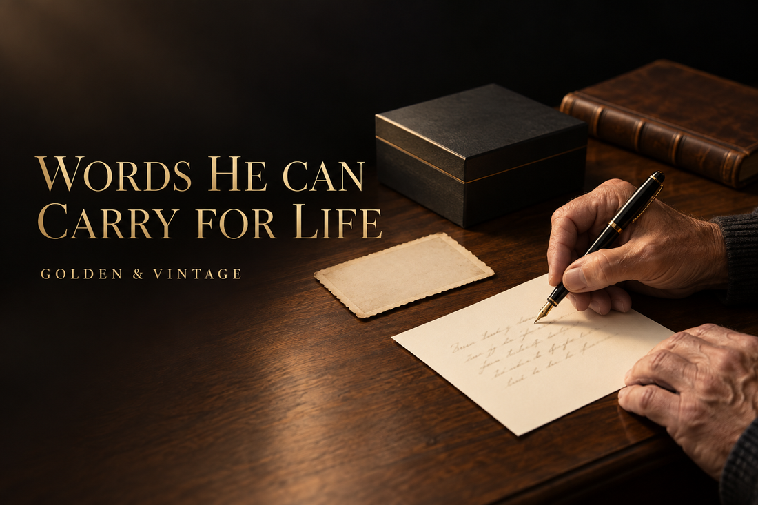 A grandparent writes an encouraging letter for a grandson beside an ivory photo, black keepsake box and leather journal on a dark walnut desk