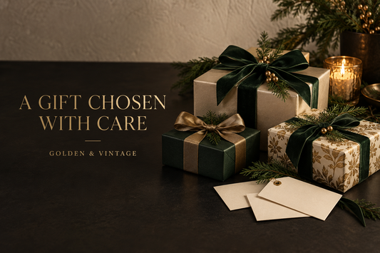 Ivory and black holiday gifts wrapped with antique-gold and deep-green ribbons beside blank gift cards and warm candlelight