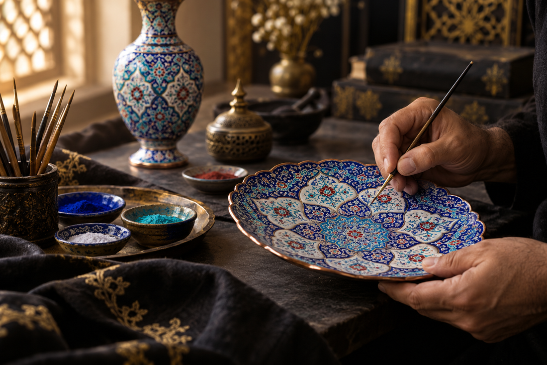 Artisan hand-painting cobalt blue Persian Minakari enamelwork on a copper plate