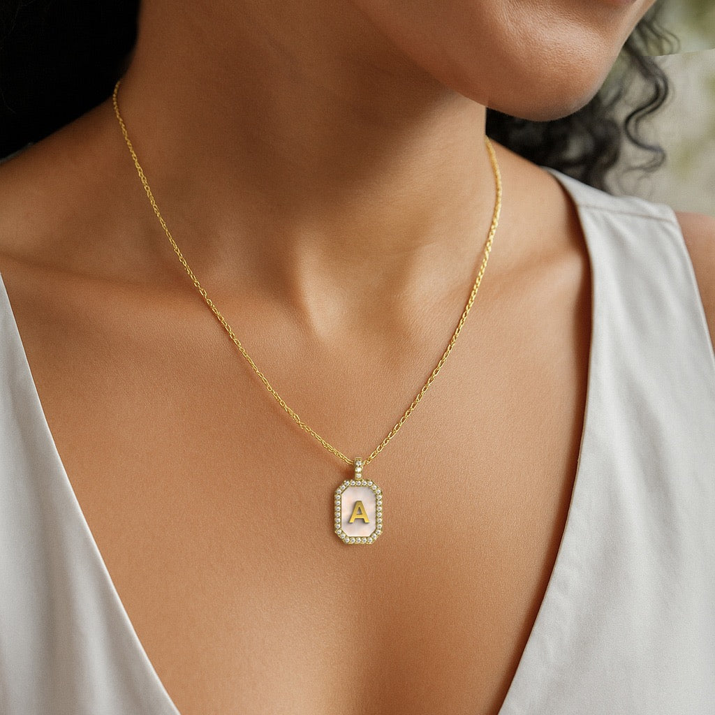 18k Gold Plated Silver Pearl Initial Zodiac & Initial Gemstone Pendant Necklace – Octagon  AW24N004G