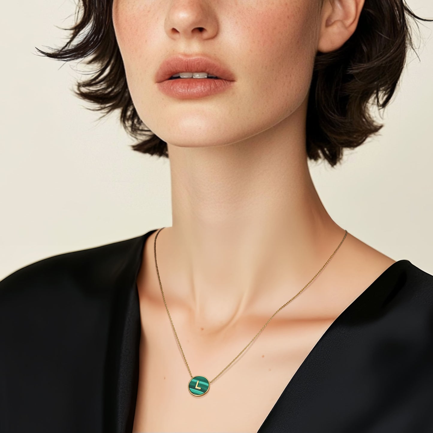 Rhodium Plated Silver Malachite Initial Necklace SS25N002R