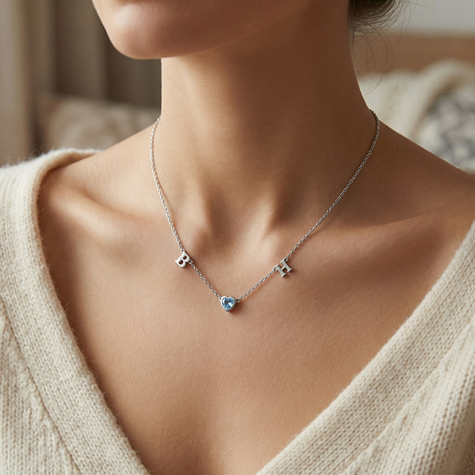 Rhodium March HeartLink Birthstone Necklace SN022R