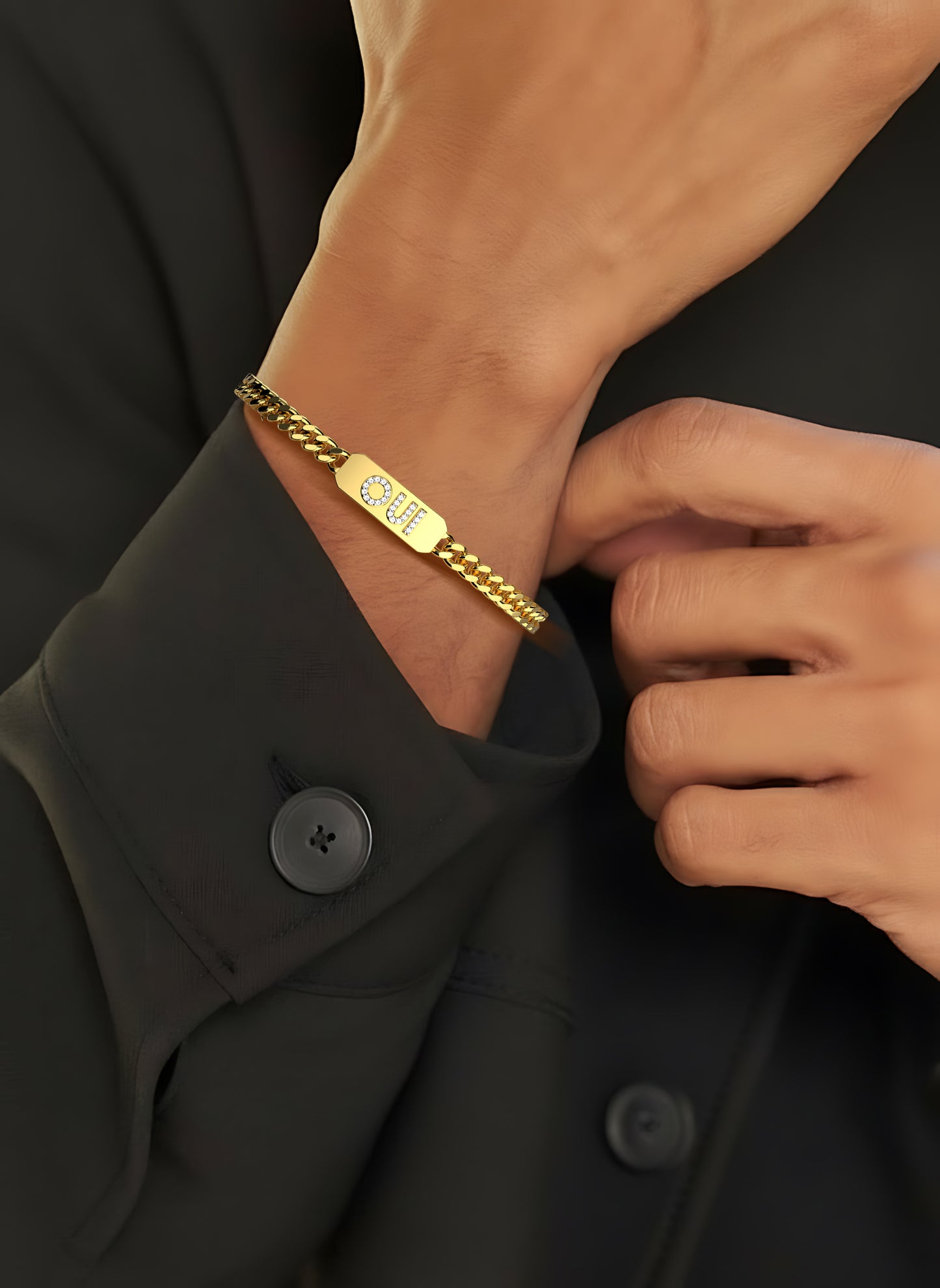 18k Gold Plated Silver Pavé Letter ID Bar Curb Chain Bracelet His & Hers ID  Bar AW24B001G