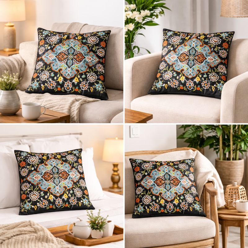 Hand-Printed Persian Heritage Tile Cushion Design 1010