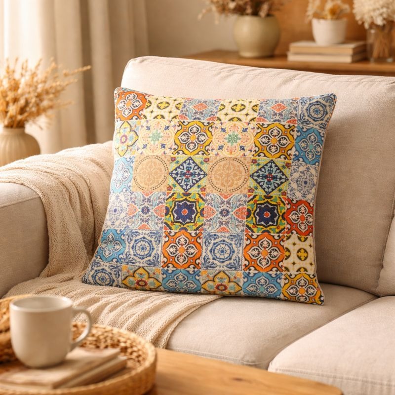 Hand-Printed Persian Heritage Tile Cushion Design 1001