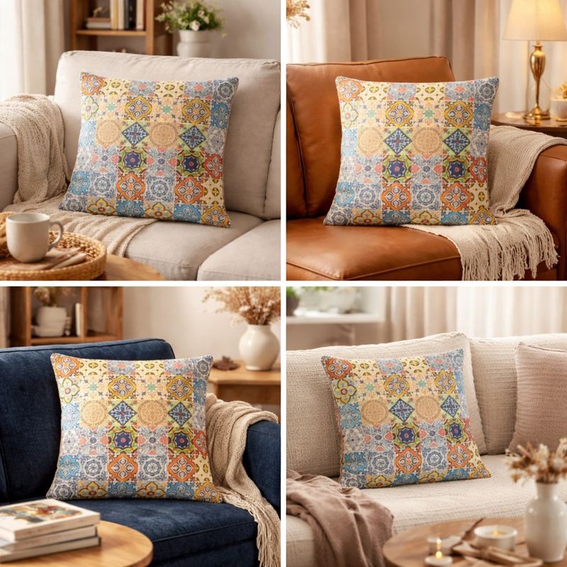 Hand-Printed Persian Heritage Tile Cushion Design 1001