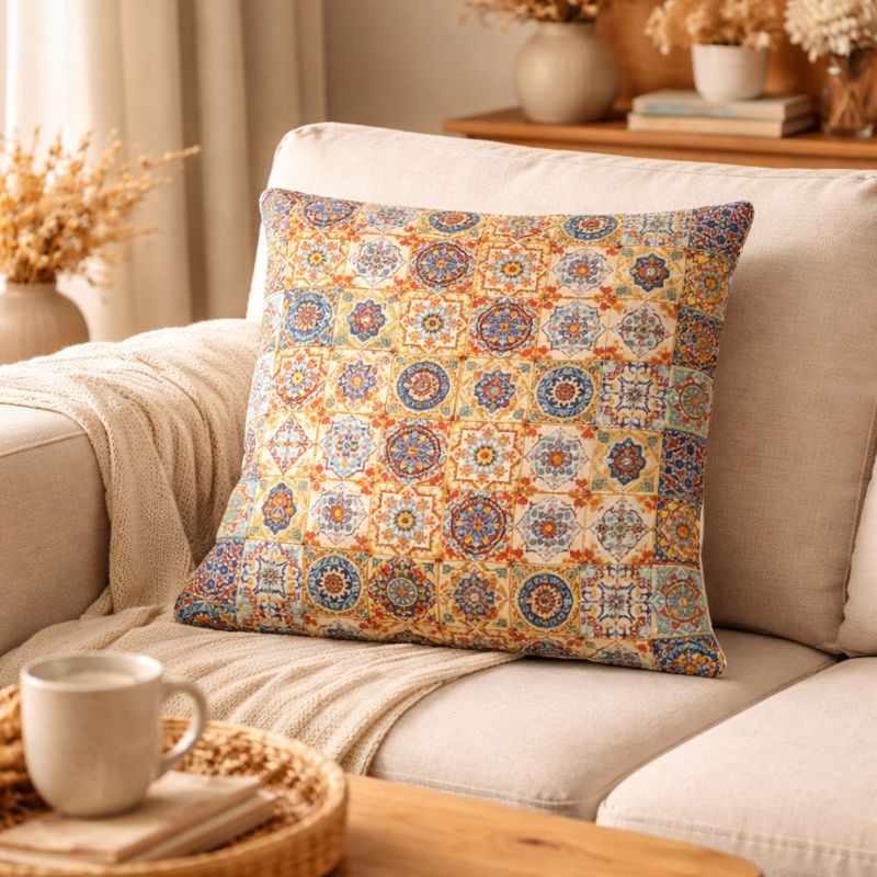 Hand-Printed Persian Heritage Tile Cushion Design 1002