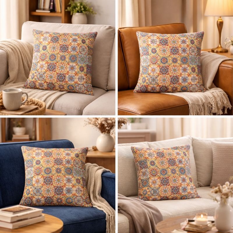 Hand-Printed Persian Heritage Tile Cushion Design 1002
