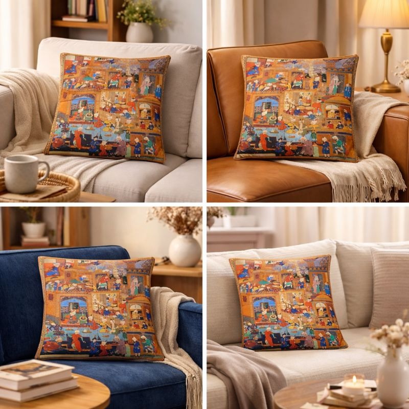 Hand-Printed Persian Heritage Tile Cushion Design 1004