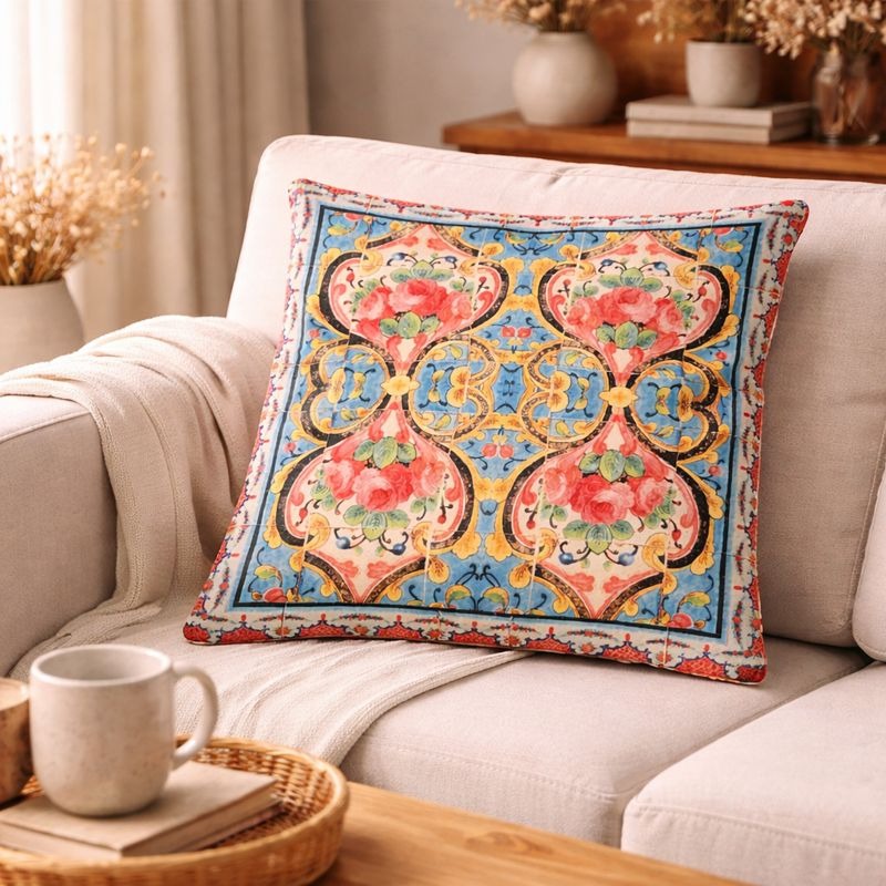 Hand-Printed Persian Heritage Tile Cushion Design 1006