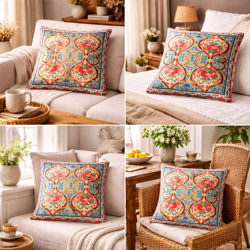 Hand-Printed Persian Heritage Tile Cushion Design 1006