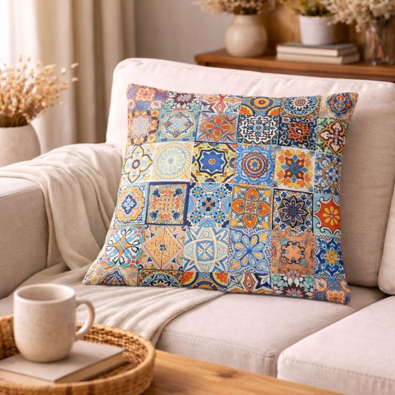 Hand-Printed Persian Heritage Tile Cushion Design 1007