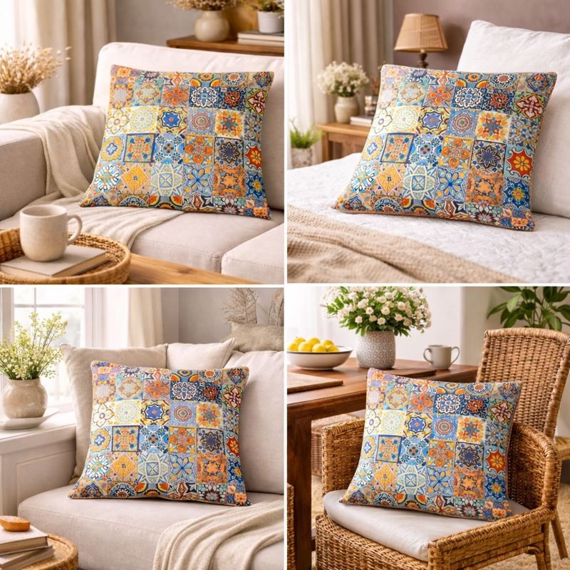 Hand-Printed Persian Heritage Tile Cushion Design 1007