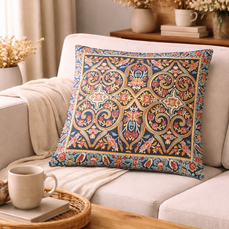 Hand-Printed Persian Heritage Tile Cushion Design 1008