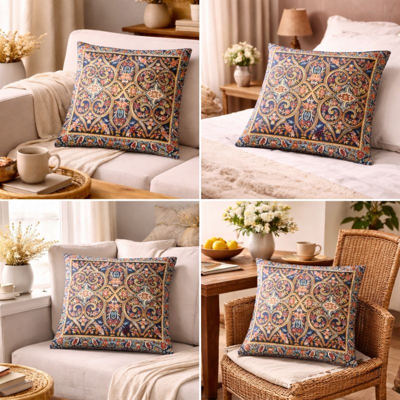 Hand-Printed Persian Heritage Tile Cushion Design 1008