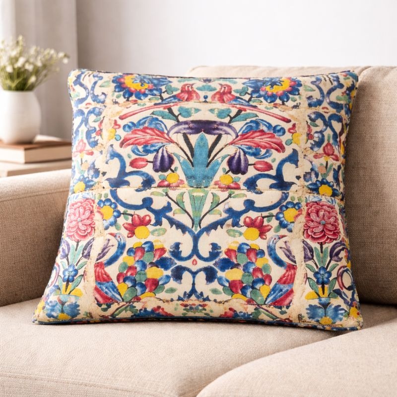 Hand-Printed Persian Heritage Tile Cushion Design 1009