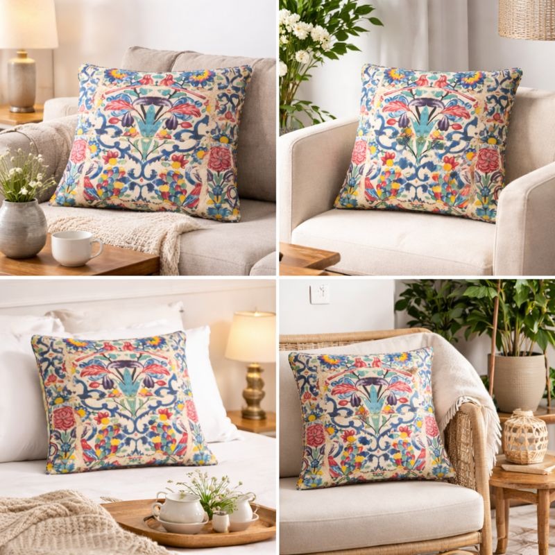 Hand-Printed Persian Heritage Tile Cushion Design 1009