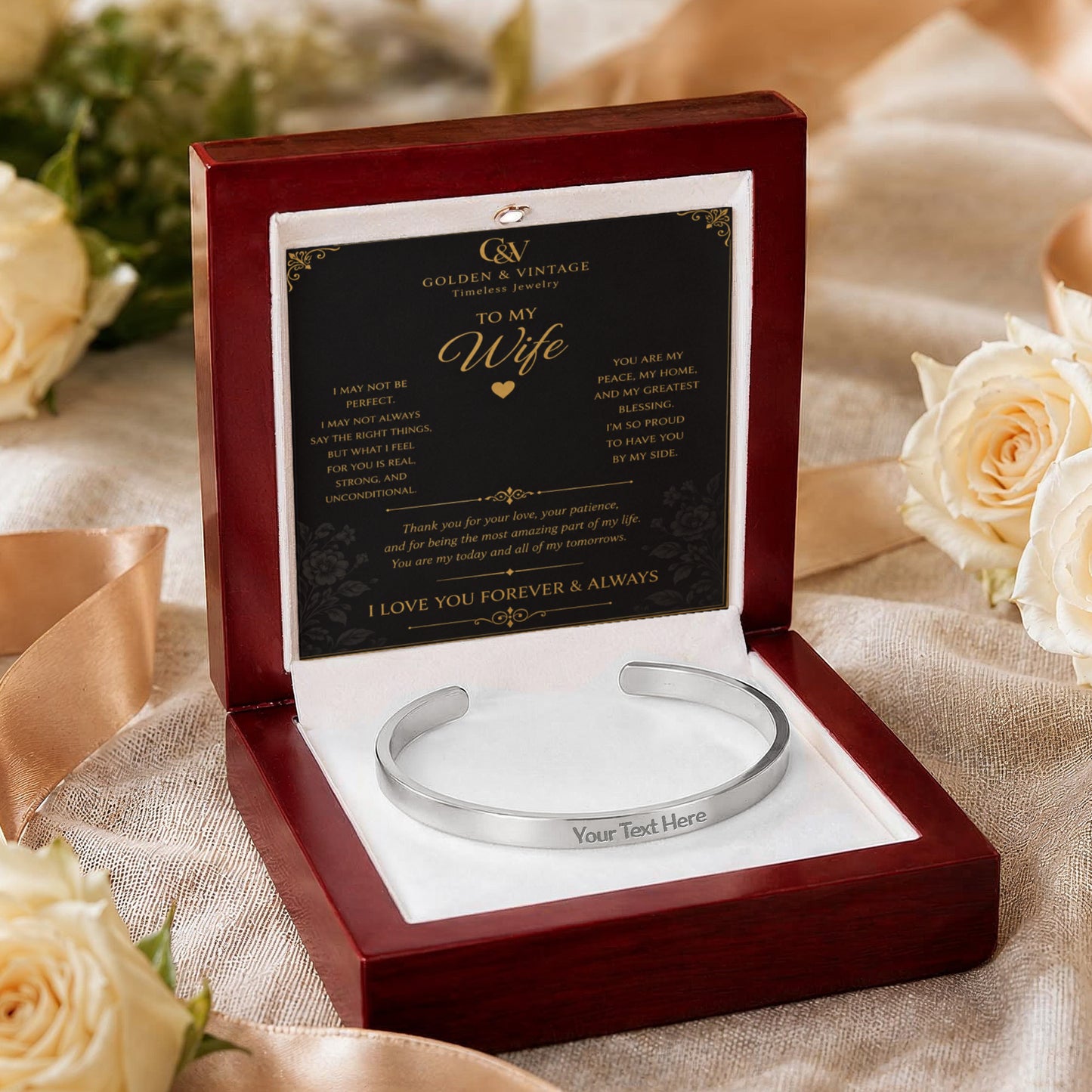 To My Wife – I Love You Forever Engraved Cuff Bracelet