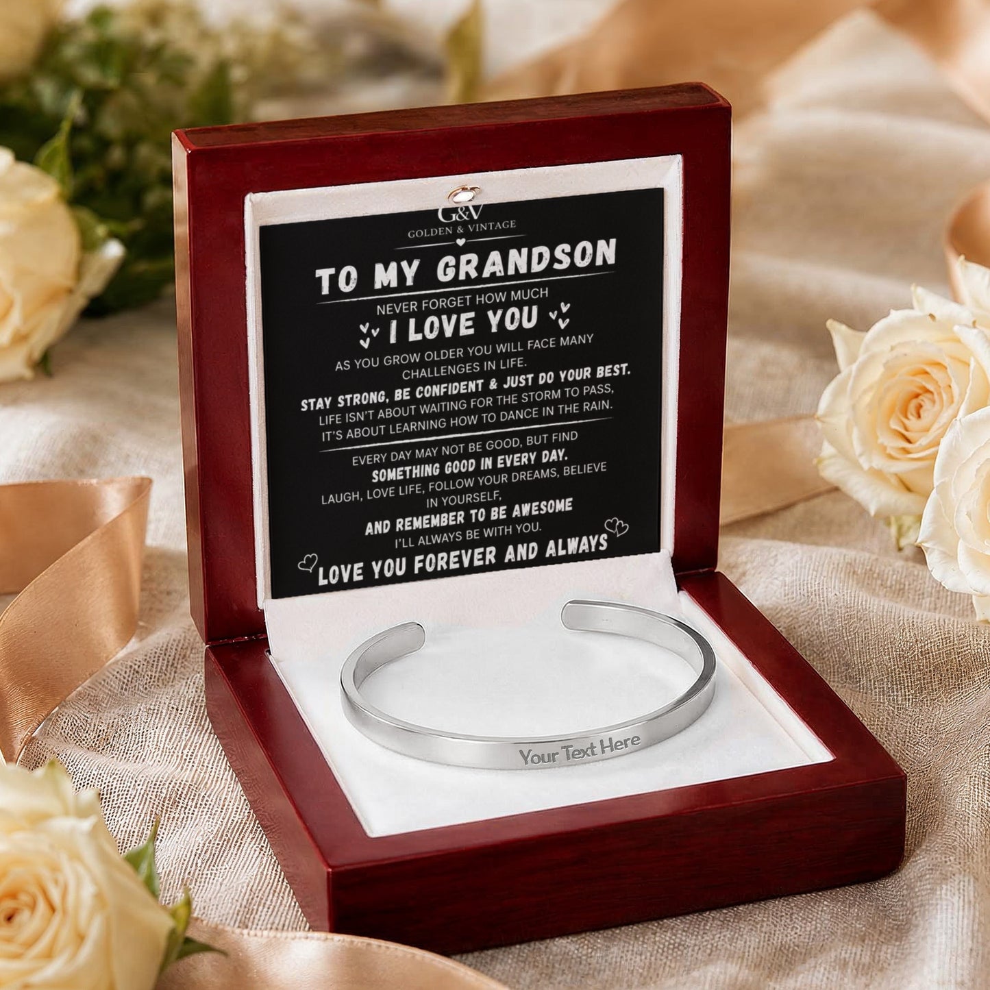 To My Grandson – Engraved Cuff Bracelet | Meaningful Gift for Grandson