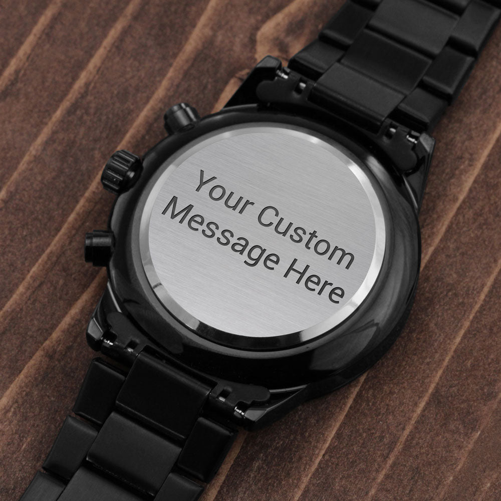 Personalized Black Chronograph Watch with Custom Photo & Engraving Upload - goldenandvintage