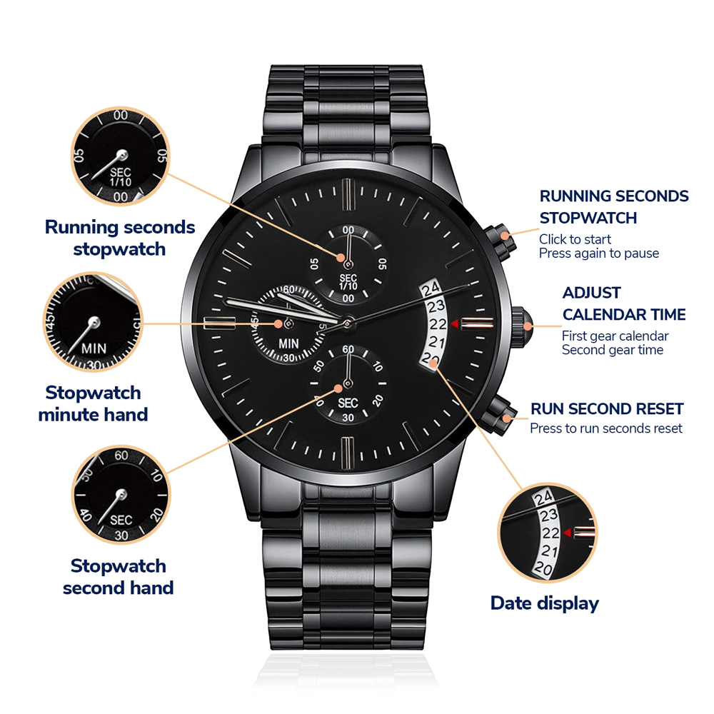 Personalized Black Chronograph Watch with Custom Photo & Engraving Upload - goldenandvintage