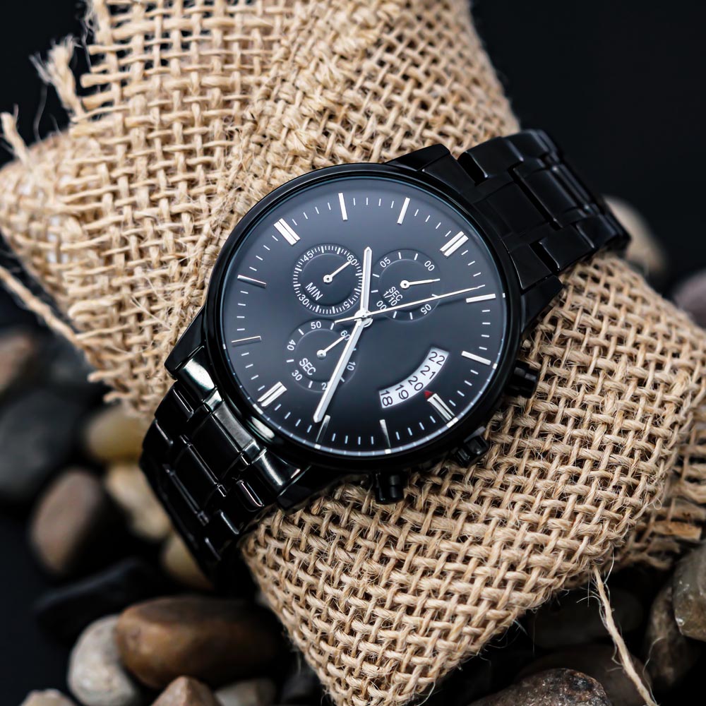 Personalized Black Chronograph Watch with Custom Photo & Engraving Upload - goldenandvintage