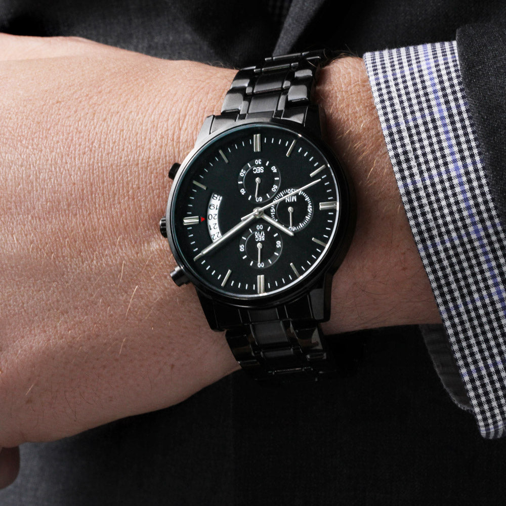Personalized Black Chronograph Watch with Custom Photo & Engraving Upload - goldenandvintage