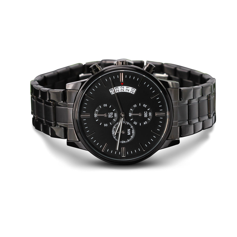 Personalized Black Chronograph Watch with Custom Photo & Engraving Upload - goldenandvintage
