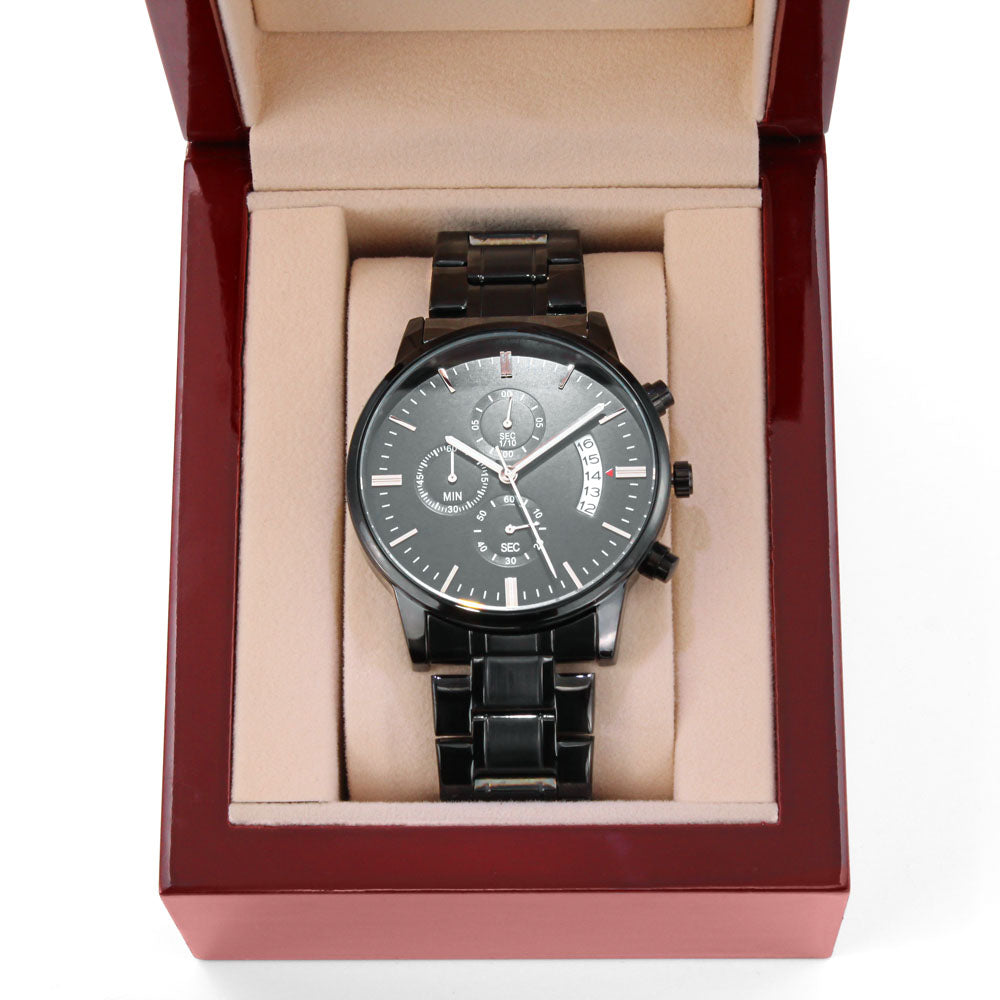 Personalized Black Chronograph Watch with Custom Photo & Engraving Upload - goldenandvintage