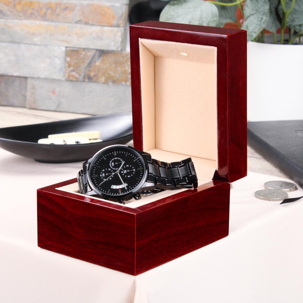 Personalized Black Chronograph Watch with Custom Photo & Engraving Upload - goldenandvintage