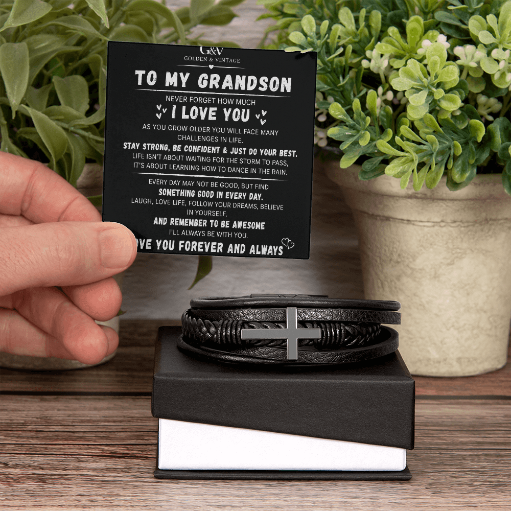 To My Grandson – Men's Cross Bracelet | Meaningful Gift for Grandson