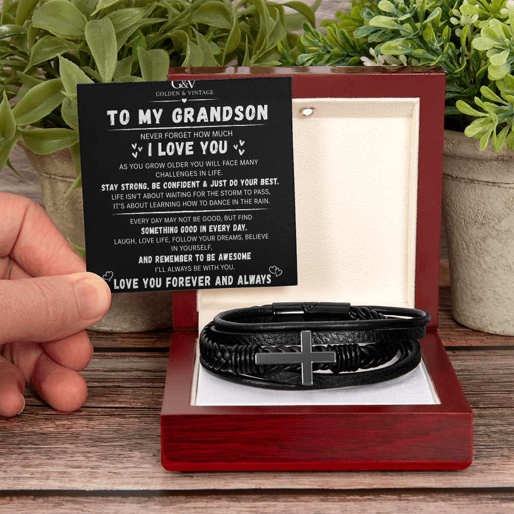 To My Grandson – Men's Cross Bracelet | Meaningful Gift for Grandson