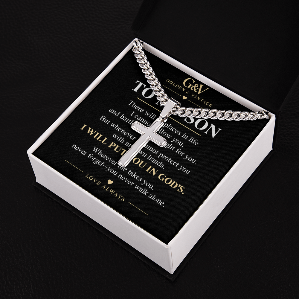 To My Son Cross Necklace – Personalized Cuban Link Chain | Meaningful Gift from Mom or Dad