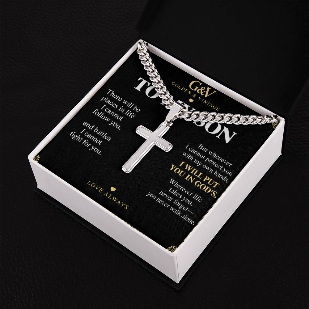 To My Son Cross Necklace with Cuban Link Chain – Personalized Gift from Mom or Dad