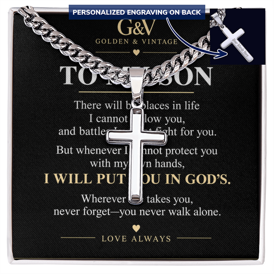Silver-tone cross necklace over To My Son message card with engraving inset