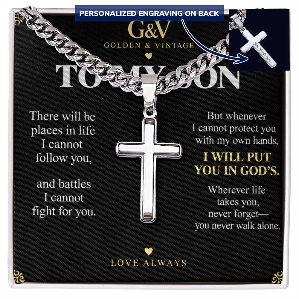 To My Son Cross Necklace with Cuban Link Chain – Personalized Gift from Mom or Dad