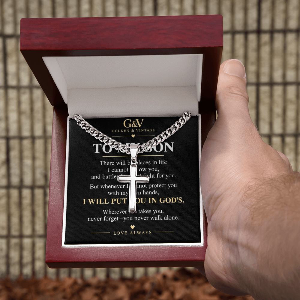 To My Son Cross Necklace – Personalized Cuban Link Chain | Meaningful Gift from Mom or Dad