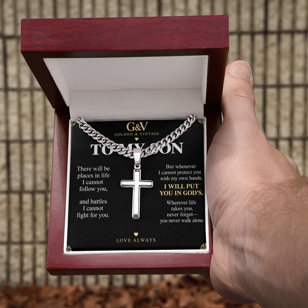 To My Son Cross Necklace with Cuban Link Chain – Personalized Gift from Mom or Dad