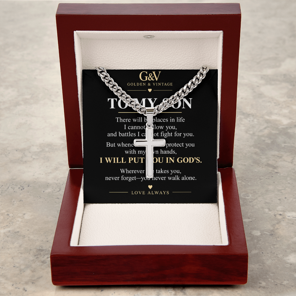 To My Son Cross Necklace – Personalized Cuban Link Chain | Meaningful Gift from Mom or Dad