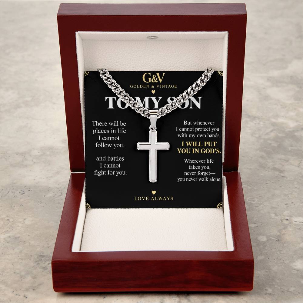 To My Son Cross Necklace with Cuban Link Chain – Personalized Gift from Mom or Dad